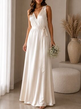 Baltic Born Ivory Satin Tie Waist Maxi Dress NWT Bridal Minimalist Size L